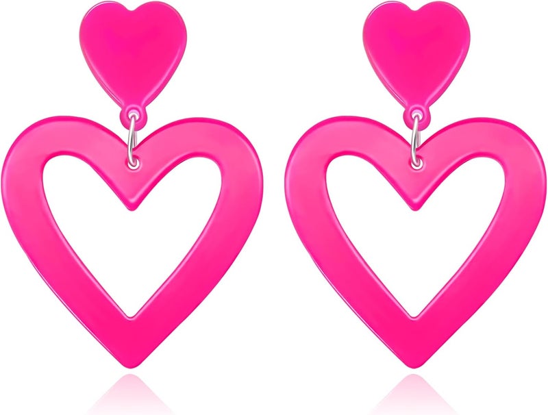HOLYRY Neon Heart Earrings for Women Acrylic Neon Earrings 80s 90s Outfit for Women Glow Party Accessories Gifts Hot Pink Orange Green Yellow - Image 1